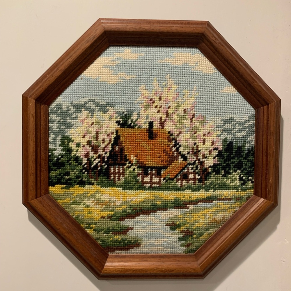 Vintage Wooden Octagonal Framed Needlepoint Art